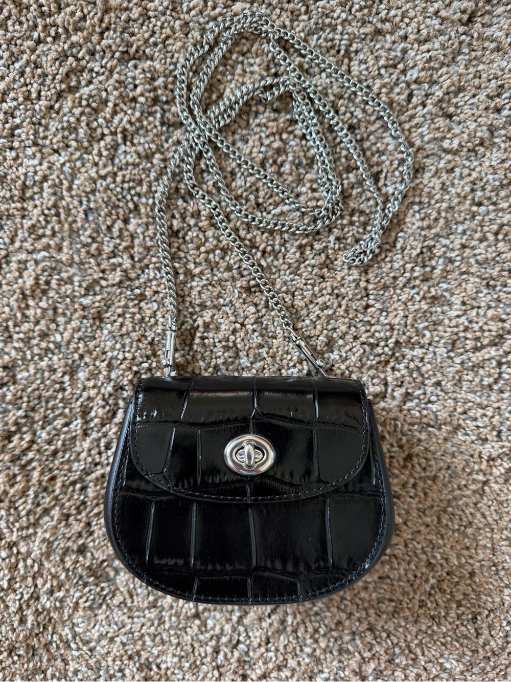 COACH Women’s Turnlock Card Case Crossbody Embossed Leather Croc Black CZ475